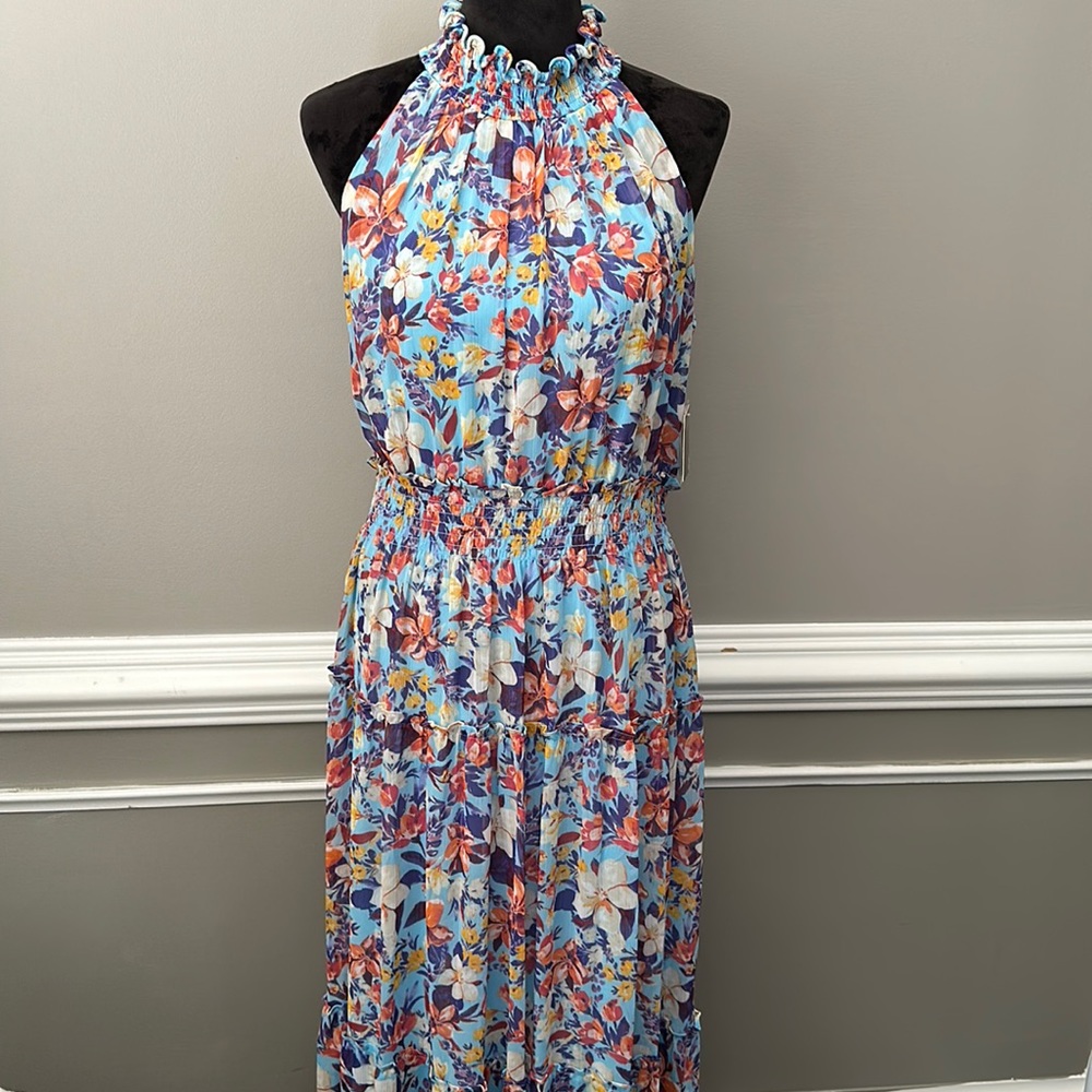 Taylor Smocked Mock neckline Maxi Dress in aquamarine. NWT